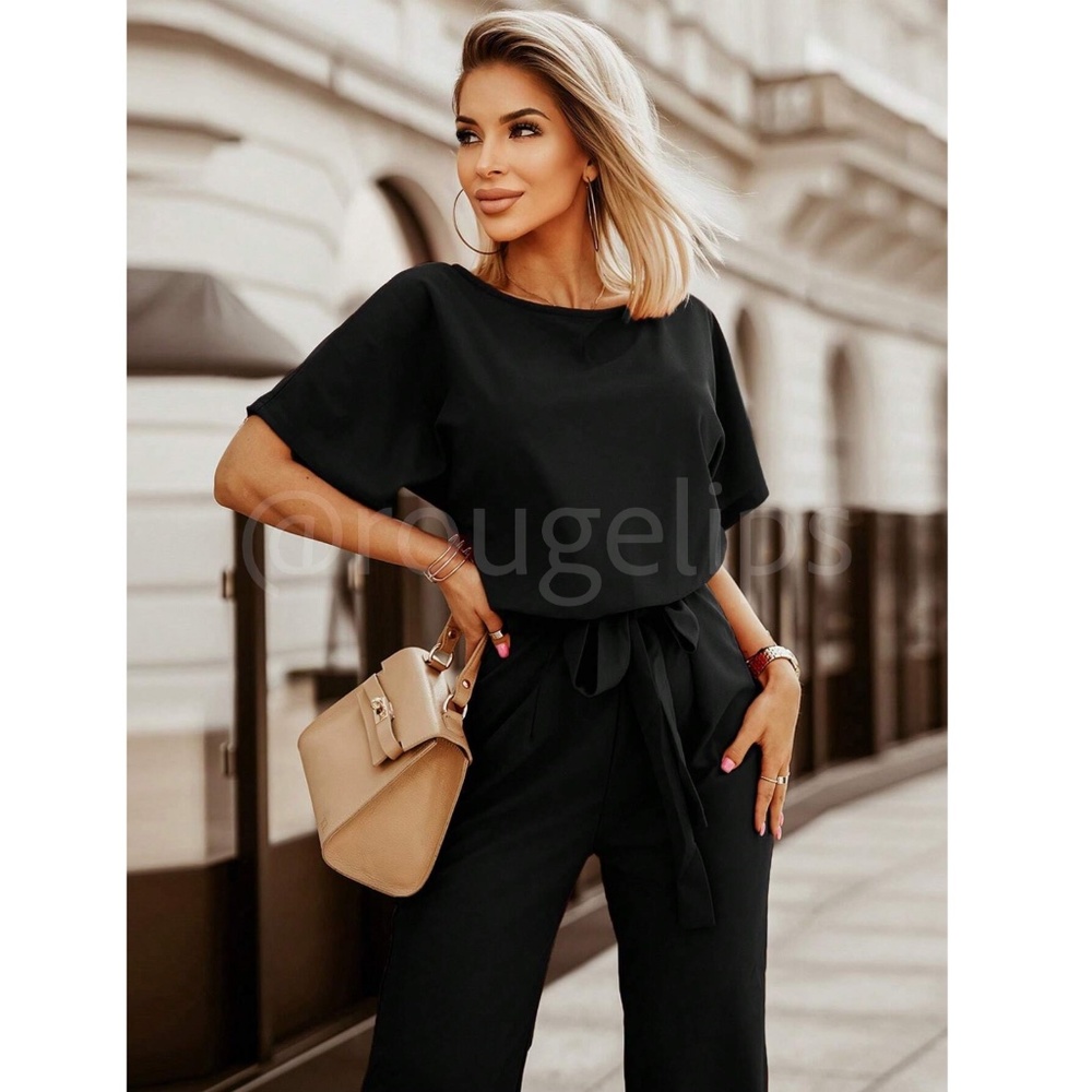 Black Jumpsuit Tie Belt Straight Leg Business Casual Short Sleeve - Picture 3 of 8